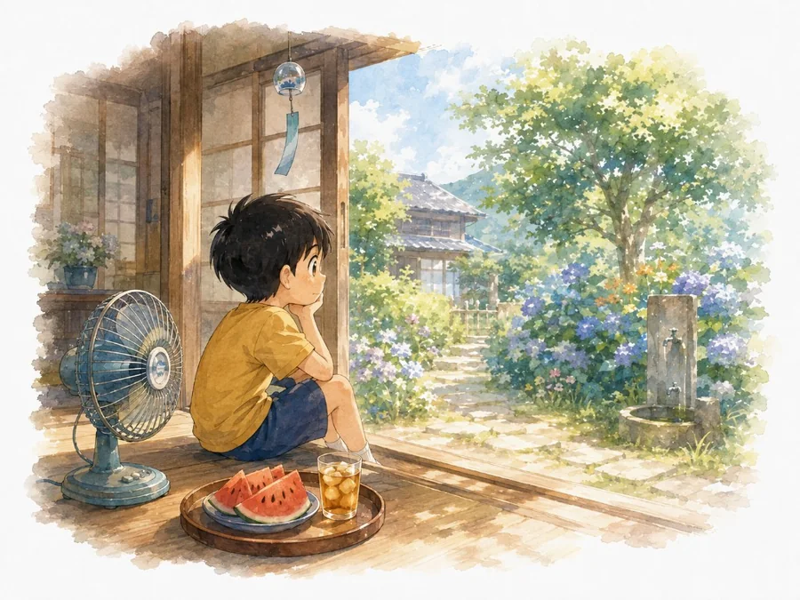 夏の日、縁側から庭をながめる少年